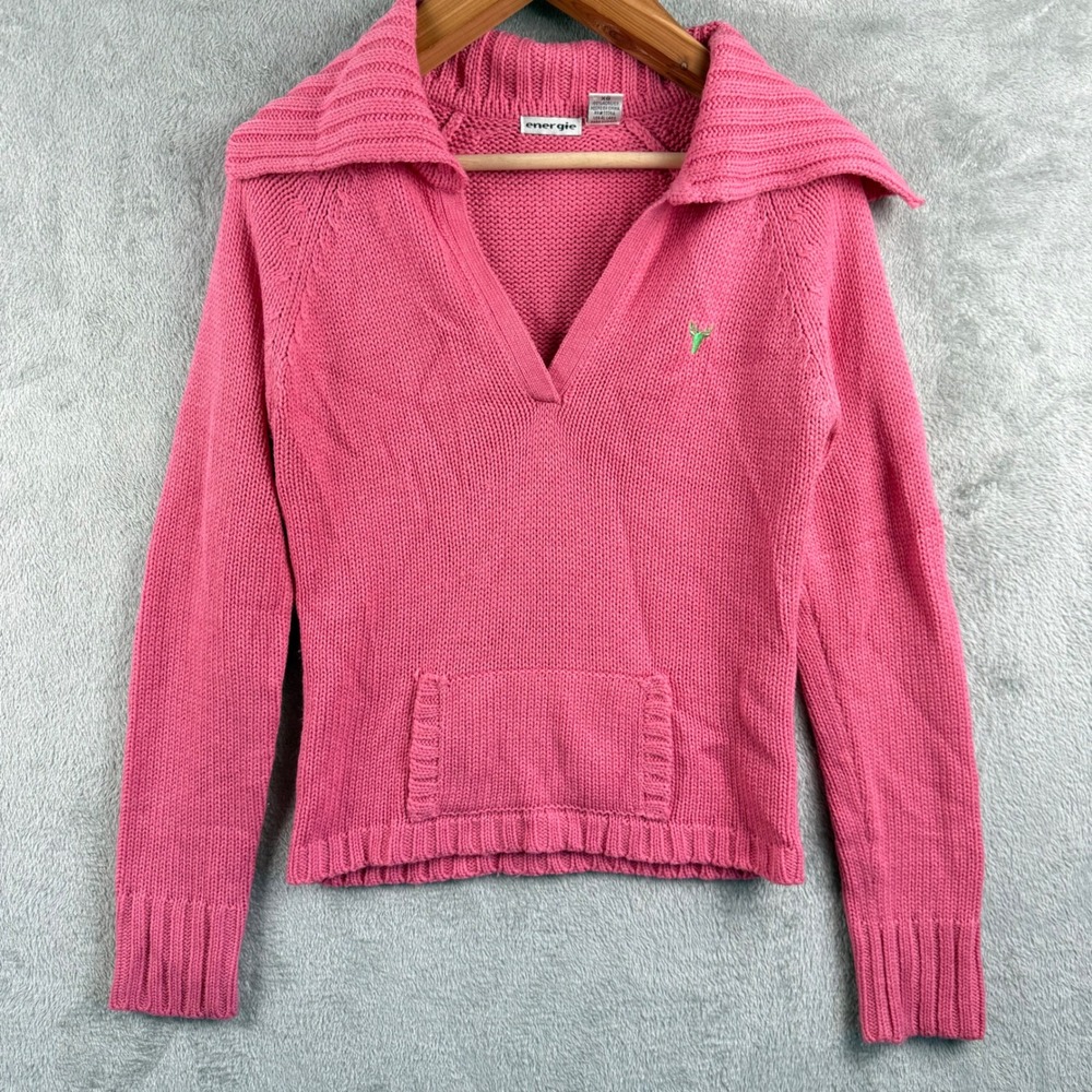 Energie Y2K Ribbed Knit Collar V-Neck Sweater Womens XL Pink Acrylic Grunge